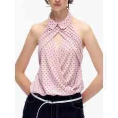 批发娃娃领松弛感复古波点露背挂脖上衣褶皱设计感粉