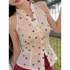 批发彩虹多巴胺”减龄童趣手工刺绣彩虹波点无袖收腰背心上衣