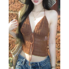 批发新款系带抽绳v领挂脖背心女夏季性感辣妹风露背<b class='q'>上衣</b>