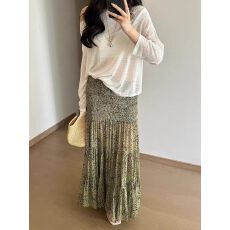 批发2026春夏季新款法式豹纹印花压褶高腰<b class='q'>半身</b>裙女<b class='q'>长裙</b>