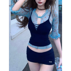 批发碎花网纱短袖<b class='q'>T</b><b class='q'>恤</b>女修身显瘦吊带背心套装夏季