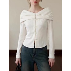 批发一字肩白色衬衫女春季新款长袖上衣设计感小众衬衣