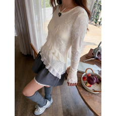 批发<b class='q'>白色</b>刺绣花打底衫女不规则蕾丝边拼接针织衫上衣