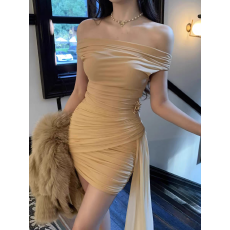 批发纯欲风春<b class='q'>夏</b>一字肩褶皱收腰显瘦包臀飘带<b class='q'>连衣裙</b>