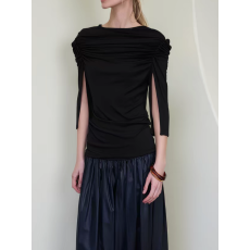 批发法式时尚黑色圆领肩部堆褶收腰设计感短袖T恤女夏季ins