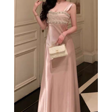 批发轻奢钉珠鱼尾收腰粉色缎面吊带礼服连衣裙