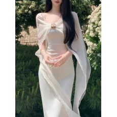 批发金属扣设计薄纱披风长裙不规则吊带<b class='q'>连衣裙</b>