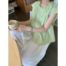 批发泡泡棉格纹花边圆领包肩衬衫女宽松轻薄娃娃衫
