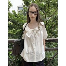 批发蝴蝶结中袖衬衫女初秋新款宽松<b class='q'>甜美</b>风衬衣