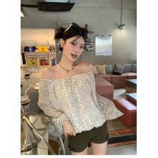 批发法式一字肩雪纺衬衫女夏薄款气质宽松长袖泡泡袖露肩上衣