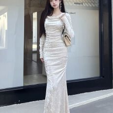 批发金钻绒法式气质荡领长袖<b class='q'>连衣裙</b>女新款显瘦褶皱包臀鱼尾长裙