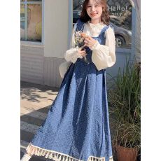 批发高级气质衬衫流苏长裙两件套2025秋季新款蓝色复古牛仔<b class='q'>背带</b>连衣裙