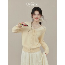 批发欧阳喜《温暖冬日》翻领系带打底衫开衫秋冬季内搭黄色针织衫上衣