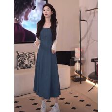 批发轻奢优雅气质方领牛仔无袖<b class='q'>连衣裙</b>女2026夏季新款高级收腰大摆长裙