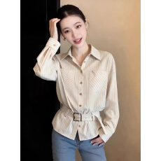 批发韩系通勤气质条纹翻领<b class='q'>衬衫</b>女2026春季新款长袖显瘦高级感穿搭上衣