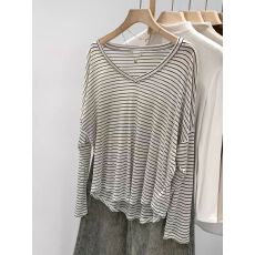 批发莱赛尔天丝超好看单穿宽松条纹v领<b class='q'>长袖</b><b class='q'>T</b><b class='q'>恤</b>女2026春季新款显瘦上衣