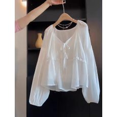 批发宽松慵懒风防晒<b class='q'>薄</b>款衬衫上衣2026开春新款泡泡袖小衫法式衬衣女装