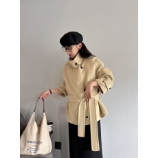 批发真羊毛！秋冬新款羊毛廓形立领简约毛呢外套女短款腰带宽松大衣