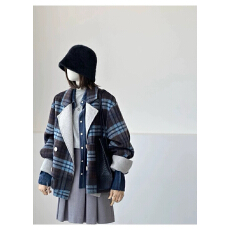 批发双面呢蓝色<b class='q'>格子</b>双面羊绒大衣女新短款小个子西装羊毛呢