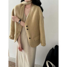 批发真羊毛！韩系气质小香风V领短款双面羊毛外套女