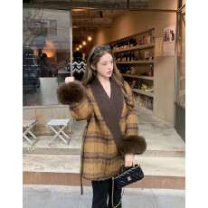 批发真羊毛！新款韩版格纹双面羊毛大衣女狐狸毛袖皮草外套中长款