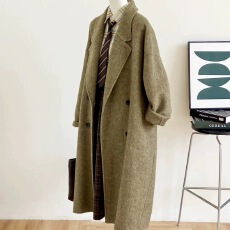 批发新款秋冬长款毛呢大衣女韩系<b class='q'>双排扣</b>腰带宽松毛呢外套