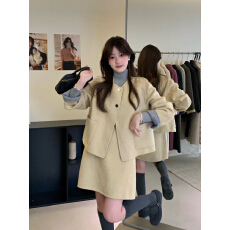 批发韩版双面拼色<b class='q'>显瘦</b>圆领外套+高腰半身裙两件套装女秋季