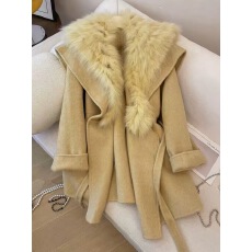 批发真羊毛！2025冬季新款狐狸毛领毛呢大衣女系带双面皮草外套