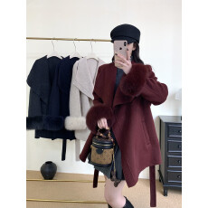 批发2025韩版羊毛双面呢狐狸毛羊毛毛呢大衣<b class='q'>外套</b>女