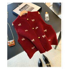 批发2025新中式红色羊毛<b class='q'>马甲</b>女短款无袖坎肩背心宽松羊毛高级