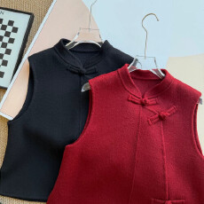 真羊毛！新中式双面羊毛马甲秋冬季新款红色国风毛呢背心外套女装