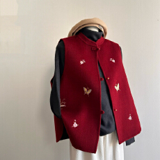 批发红色新中式毛呢刺绣<b class='q'>马甲</b>秋冬新款蝴蝶国风双面呢羊毛