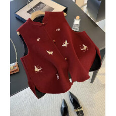 批发新中式刺绣蝴蝶外搭<b class='q'>马甲</b>女2025秋冬高级感双面羊毛背心