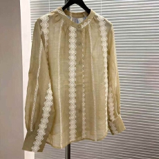 批发新款女装夏季休闲提花苎麻衬衫<b class='q'>蕾丝</b>拼接气质条纹中长款薄款小衫