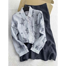 批发通勤蓝色法式衬衫女2026春夏新款度假小众树叶条纹衬衣宽松慵懒风