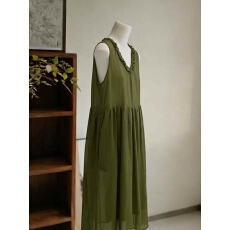 新中式高支细苎麻木耳花边领纯色高腰无袖简约气质背心无袖连衣裙