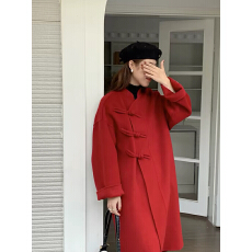 批发新中式国风冬装旗袍外搭红色羊毛大衣女汉服外套古风侘寂禅意女装