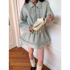 批发韩版木耳边翻领短款外套高腰短裙<b class='q'>两件套</b> 显瘦气质羊毛大衣