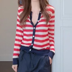 批发时尚气质设计感白红条纹防晒上衣女<b class='q'>夏季</b>新款洋气减龄针织衫潮