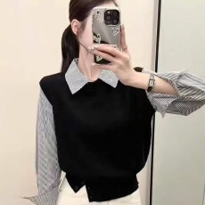 批发时尚拼接假两件<b class='q'>衬衫</b>女秋季新款百搭条纹毛衣针织衫洋气上衣