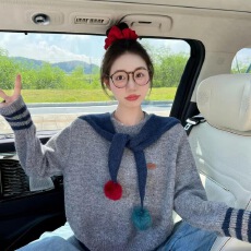 批发学院慵懒风软糯宽松灰色圆领披肩撞色拼接毛衣内搭上衣女2025秋冬