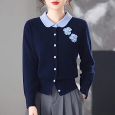 批发小香风显瘦秋冬韩系温柔甜美娃娃领立体<b class='q'>花朵</b>针织长袖开衫上衣