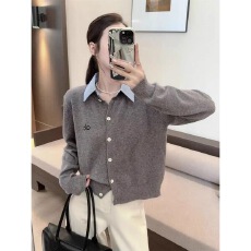 批发韩系撞色条纹<b class='q'>衬衫</b>领拼接<b class='q'>长袖</b>针织衫女新款假两件秋季开衫上衣