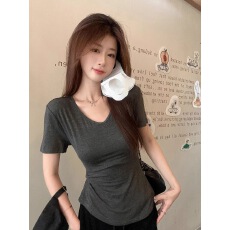 批发纯欲风修身正肩<b class='q'>V领</b>短袖<b class='q'>T</b><b class='q'>恤</b>女夏季新款不规则收腰显瘦灰色百搭上衣