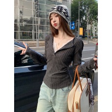 批发气质灰色蕾丝假两件V领针织小衫女纯欲修身长袖打底上衣