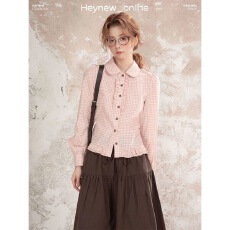 批发温柔系粉色娃娃格子木耳花边翻领<b class='q'>衬衫</b>女春甜美气质时尚上衣