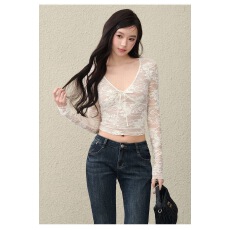 批发辣妹纯欲风性感系带蕾丝衫女春装新款弹力<b class='q'>紧身</b>内搭打底上衣