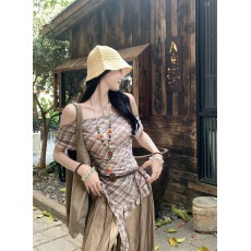 批发有腰带不规则飘带格子<b class='q'>网纱</b>短袖女夏显瘦露肩复古<b class='q'>上衣</b>