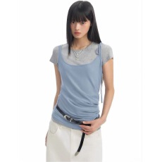 批发美式拼接<b class='q'>打底</b>蓝色短袖t恤女夏季修身显瘦设计感<b class='q'>吊带</b>背心两件套潮
