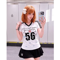 批发美式复古甜辣妹波点V领短袖T恤女夏季修身显瘦运动风运动球服上衣